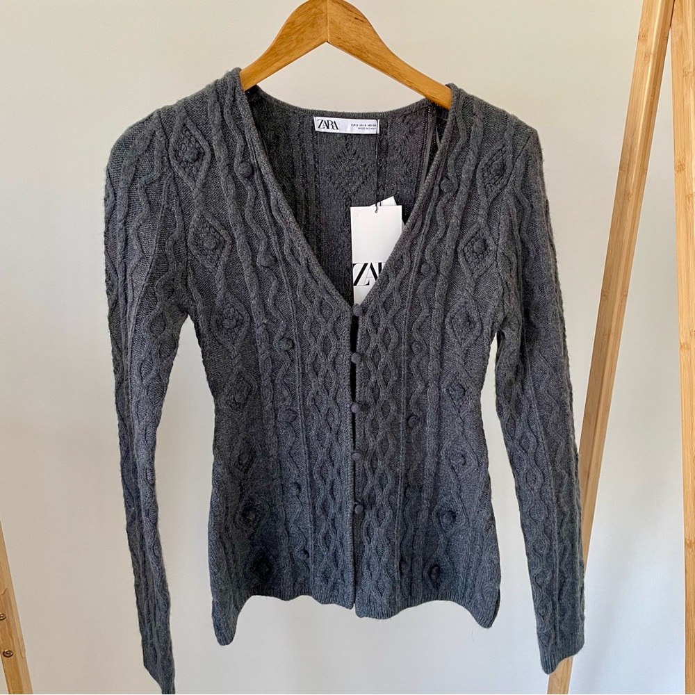 NWT Zara Covered Button Cable Knit Pom Pom Cardigan Sweater in Charcoal Gray